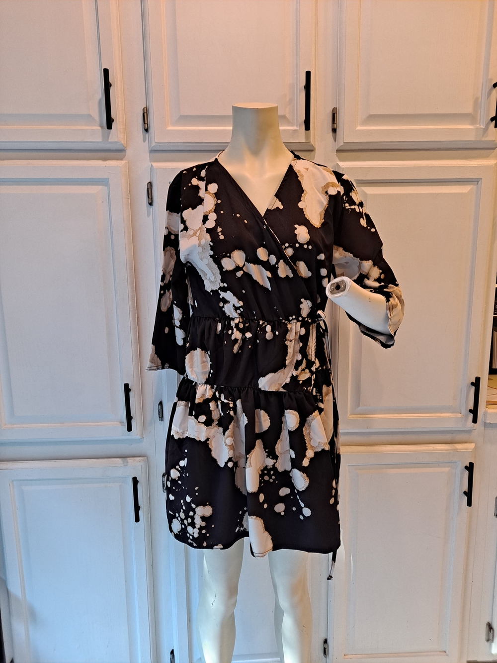 Another Reason Black Cream Tan Splash-Print Mini Tiered Wrap Dress